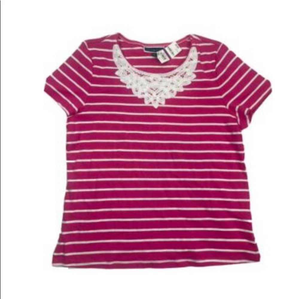 karen scott pink stripe lace short sleeve shirt